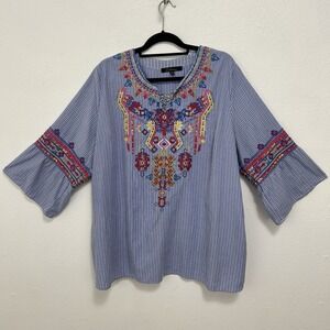 Calessa Boho Blue Colorful Striped Embroidered Top Blouse 3/4 Bell Sleeve‎ Sz 2X